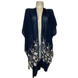 Navy Blue & Cream Floral Embroidery Design Shawl Poncho Wrap Womens One Size